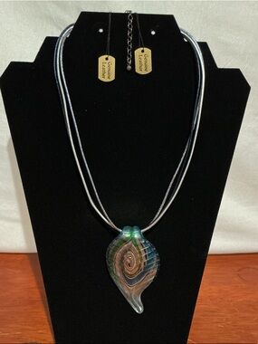 Iridescent Blue-Green Glass Pendant Necklace with Multi-Strand Leather Cord